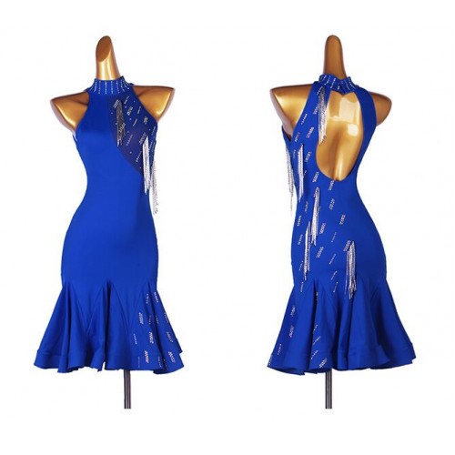 Royal blue violet silver tube tassels diamond competition latin dress for women stage performance latin dance outfits salsa rumba chacha dance dress 